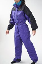 One piece 90s Columbia ski suit, purple and black snow suit for women size L