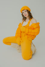 Incroyable ensemble vintage 70s avec accessoires du designer Henri Charles Colsenet jaune pour femme taille 40