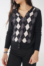 Veste cardignan Lord & Taylor 100% cachemire noir avec losanges pour femme taille M/L