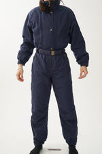 Vintage one piece Vuarnet ski suit, dark blue with faux fur collar for women size 8