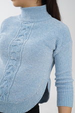 Col roulé funky à manches 3/4 en tricot velour bleu unisexe taille S