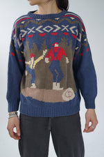 Chandail en tricot vintage de pitoune bleu et brun unisex taille S