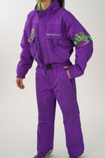 One piece vintage Kastle ski suit, snow suit mauve et vert fluo unisex taille 48 (M)