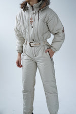 One piece vintage Made in France ski suit, snow suit beige puffy pour femme taille 40 (S)