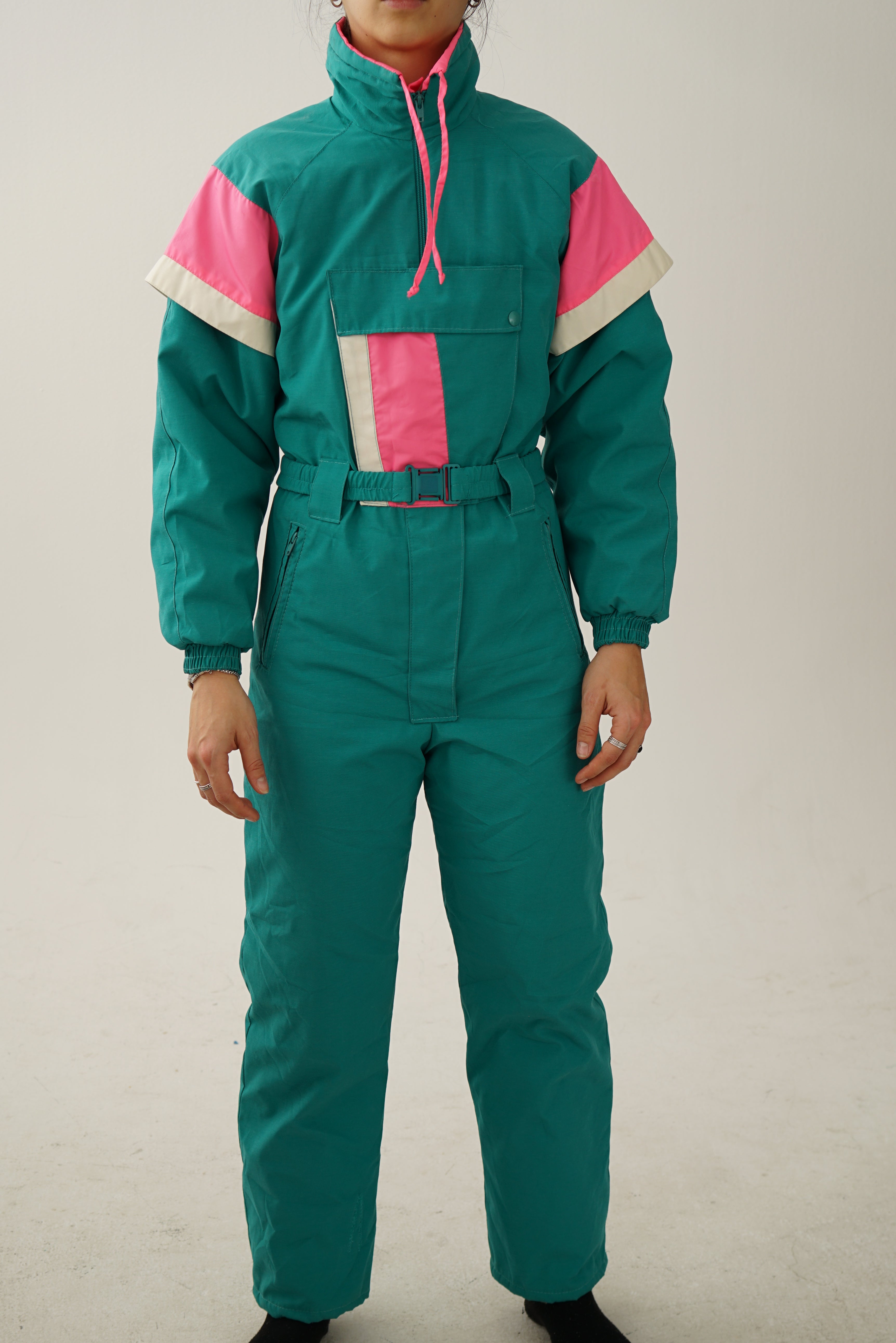 Vintage one piece Lamartine ski suit, green and pink snow suit