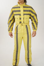 Fou one piece vintage Mistral ski suit, snow suit jaune et lignes grises pour femme taille 8 (S)