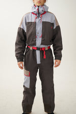 Vintage one piece Degré & ski suit, cotton grey and pink retro snow suit size 48
