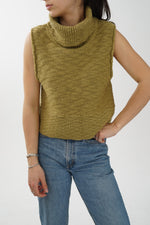 Tricot vintage à col roulé ample sans manche vert kaki pour femme taille O/S