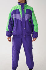 Habit de ski deux pièces Etirel, snow suit vintage mauve et vert fluo unisexe taille 12 (S)