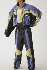 One piece vintage Descente ski suit, snow suit métallique gris, bleu et vert pâle pour homme taille XL