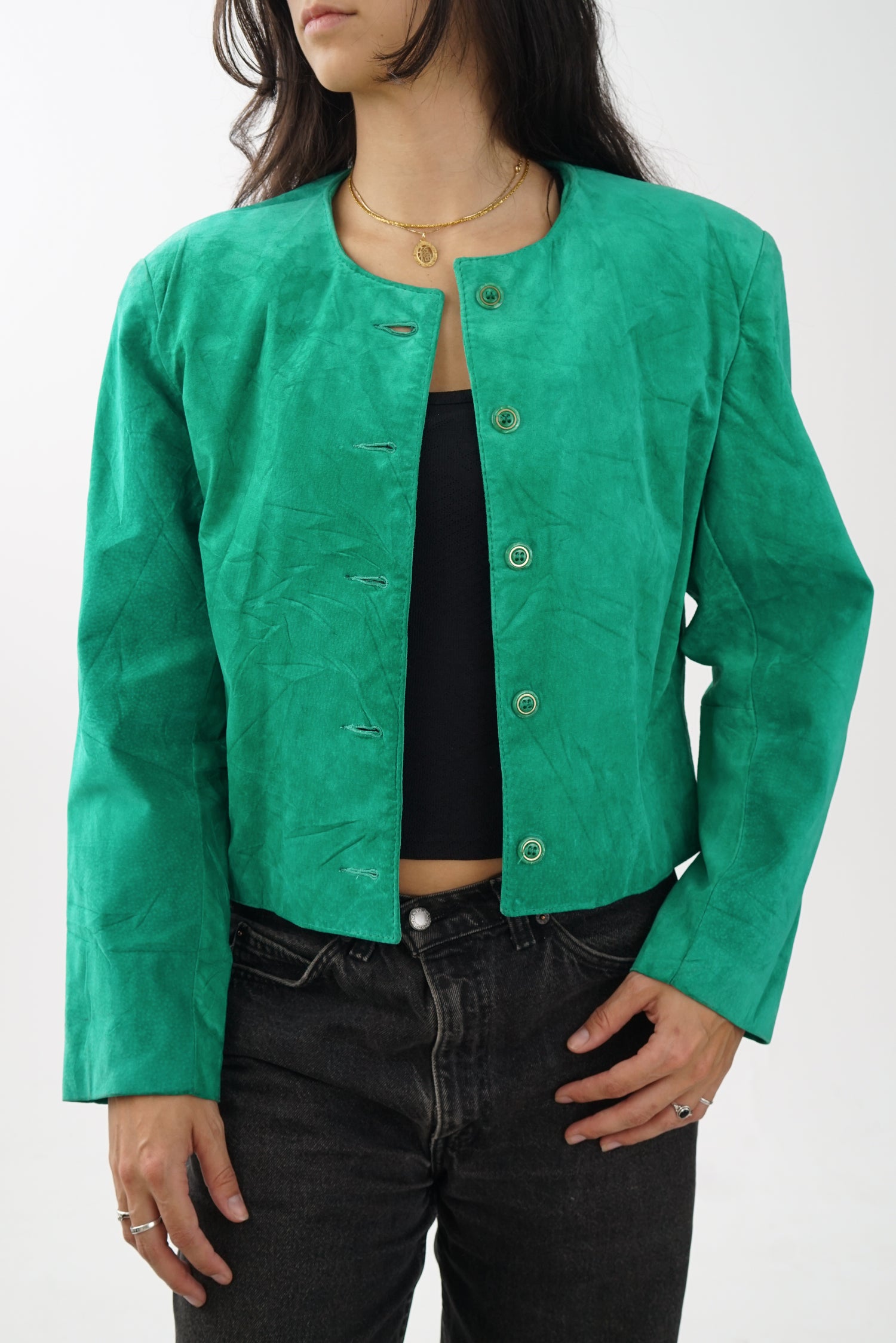 Veste en suède 80s sans nom verte pour femme taille S-M