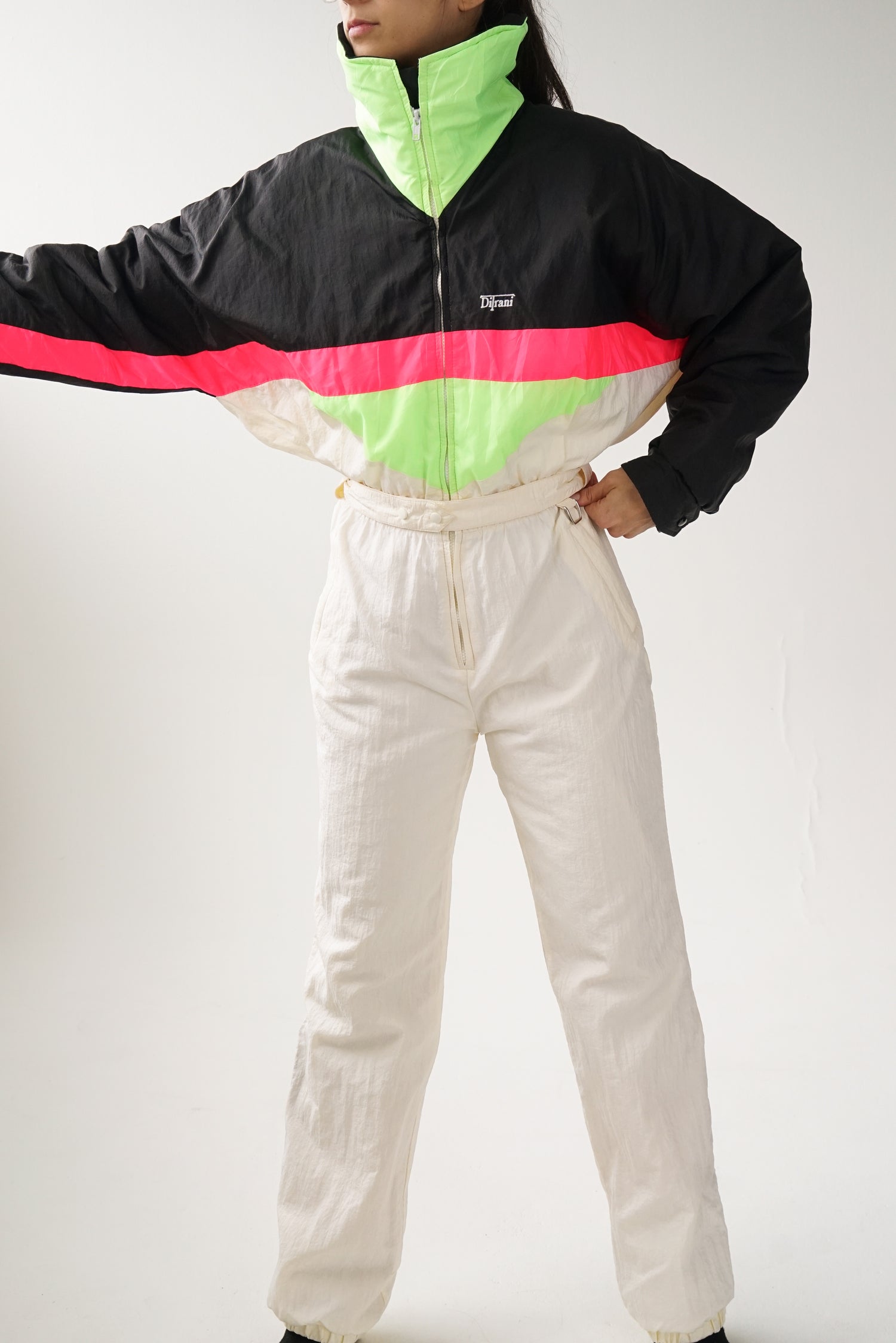 One piece retro neon Ditrani, off-white bottom snow suit for women size 14 (M)