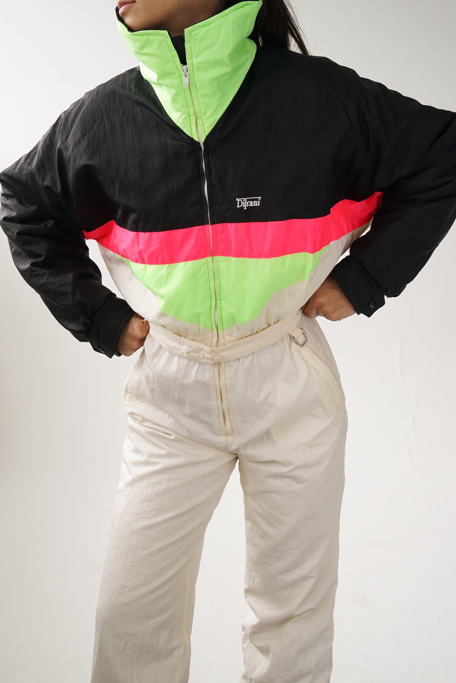 One piece retro neon Ditrani, off-white bottom snow suit for women size 14 (M)