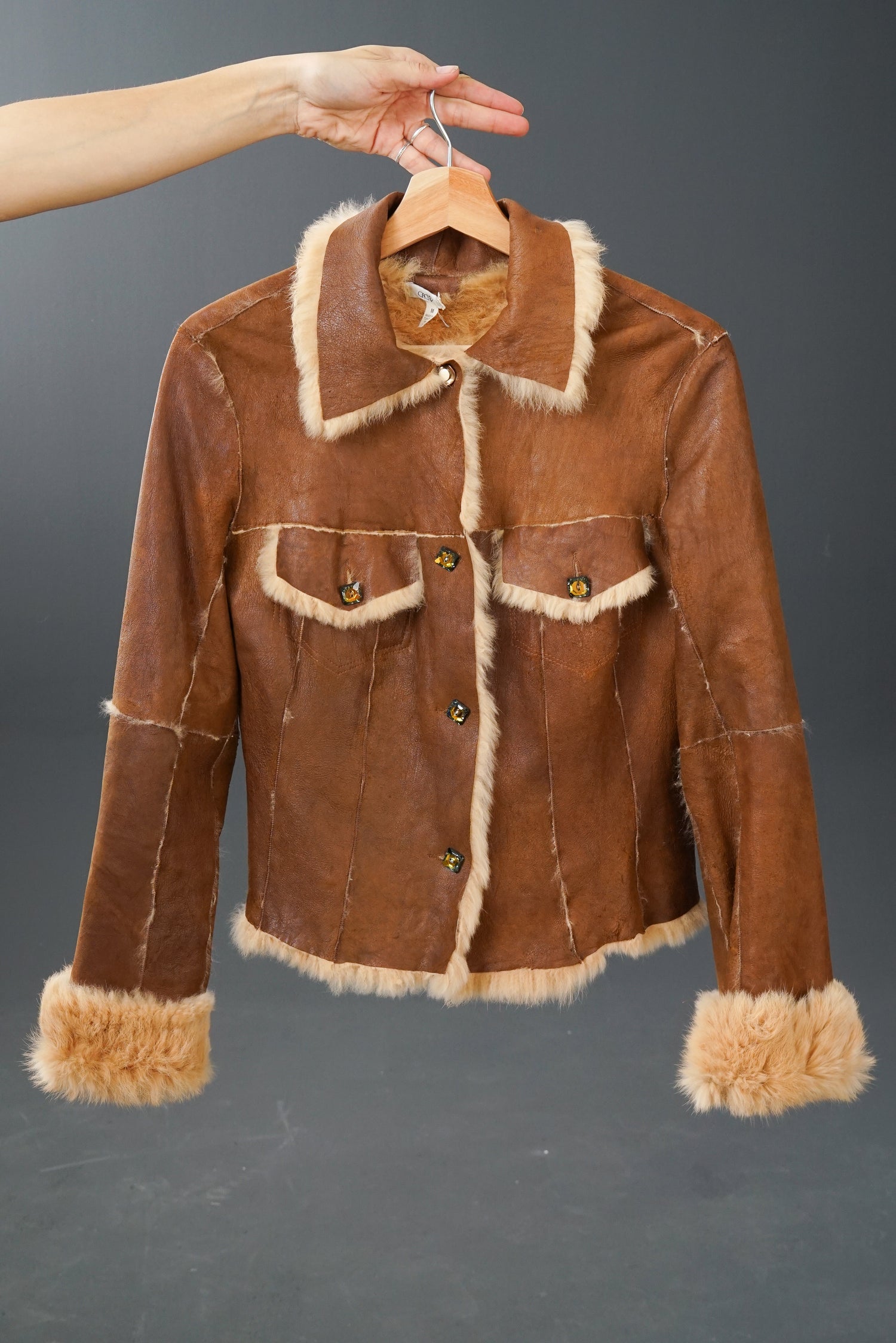 Caché Rabbit leather jacket, fur lined and crystal buttons M