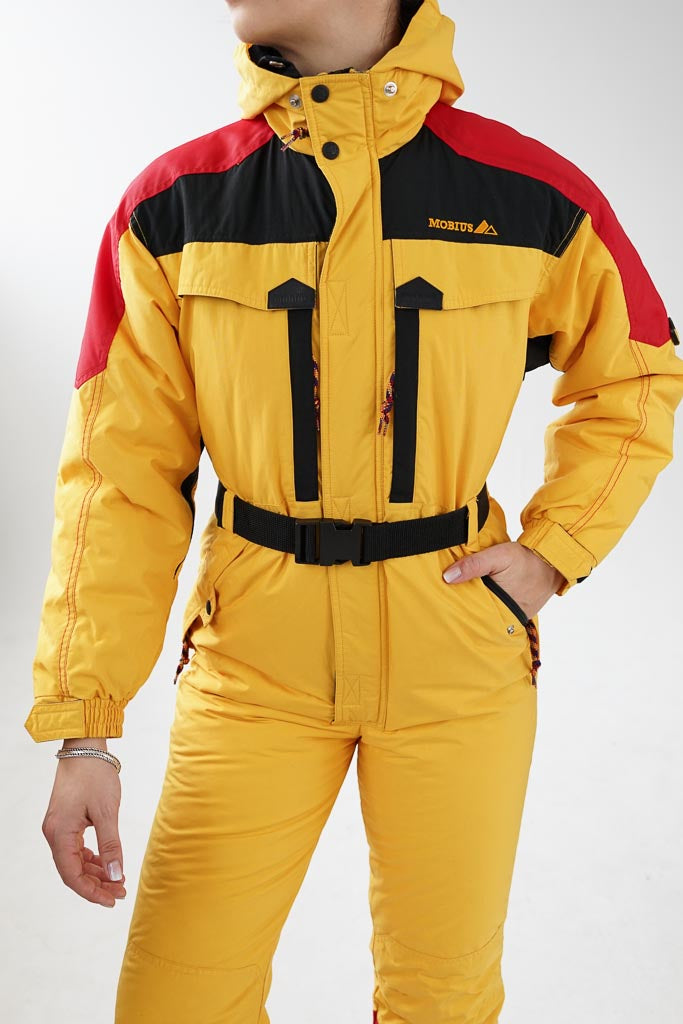 Vintage Mobius ski suit, yellow and red snow suit unisex size 14yo (XS short)