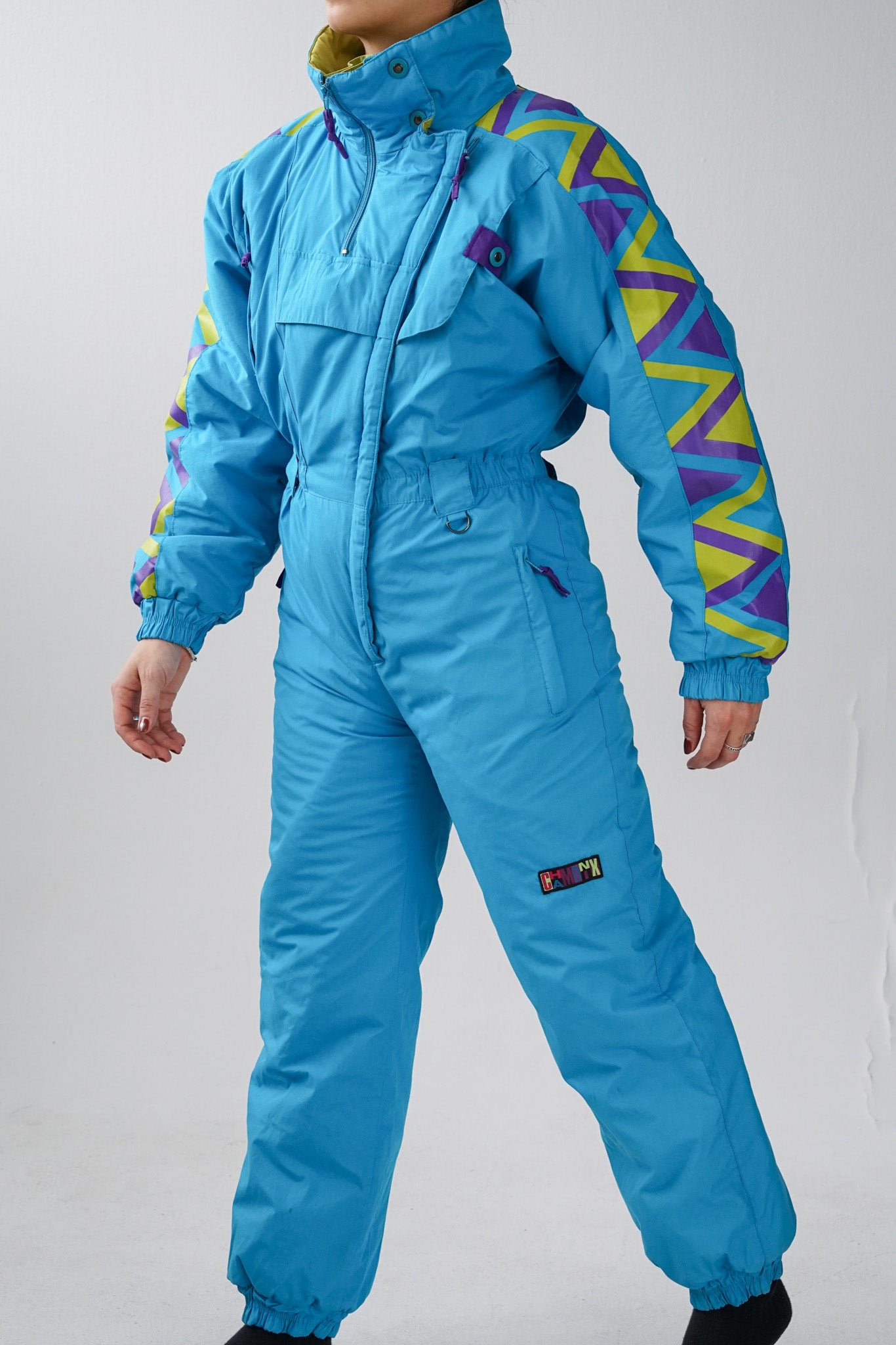 Retro one piece Chamonix, ski suit rétro bleu et pattern unisexe taille M