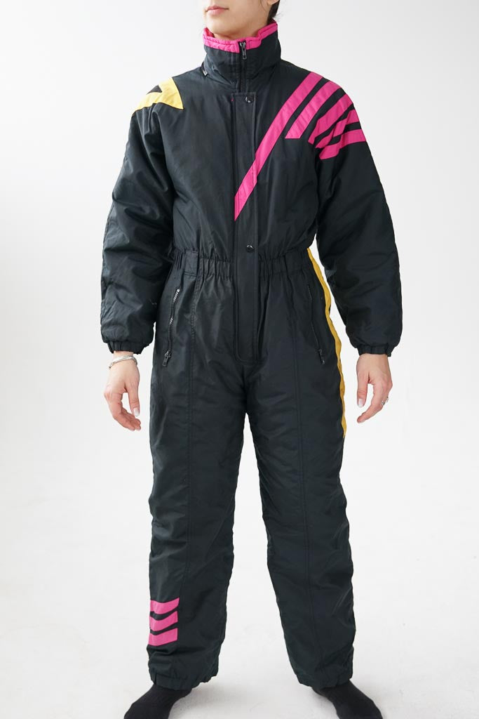 Retro 80s vintage one piece ski suit, black with yellow and magenta snow suit unisex size 16yo (S)