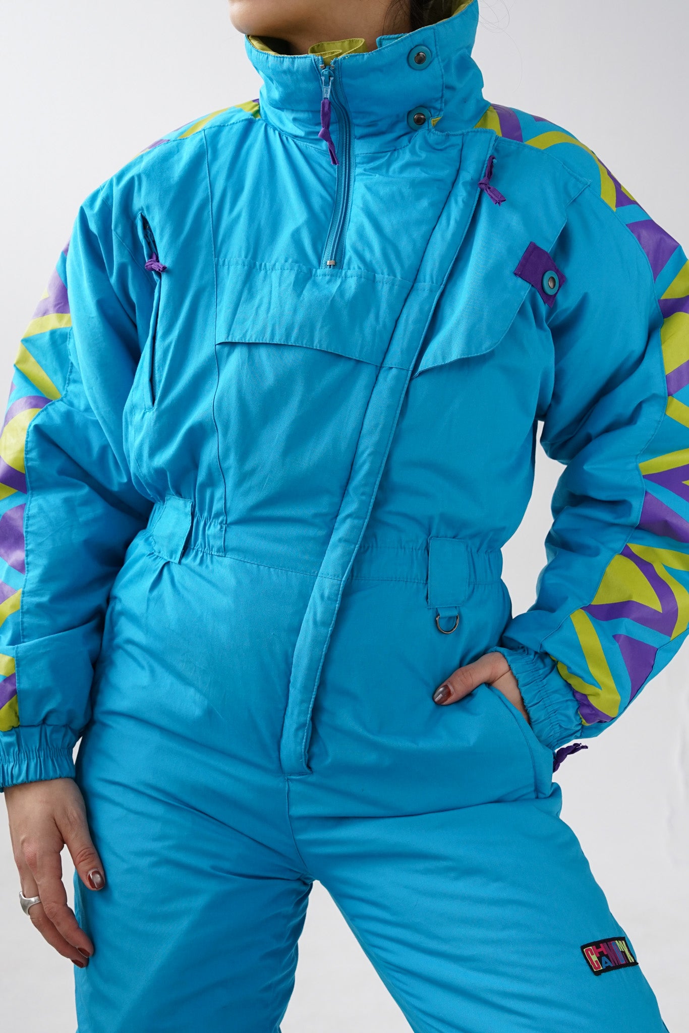 Retro one piece Chamonix, ski suit rétro bleu et pattern unisexe taille M
