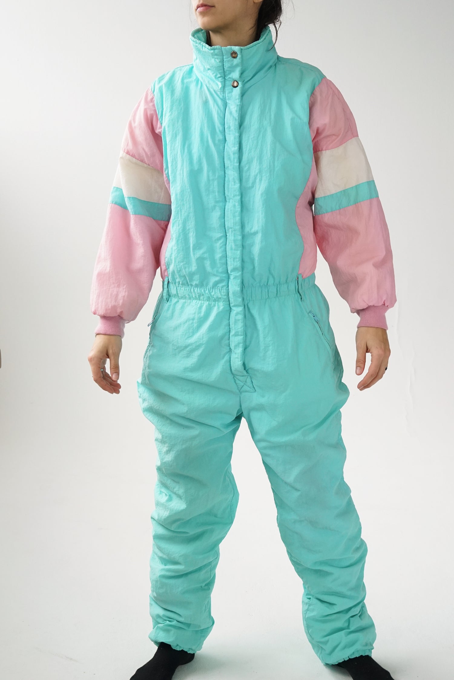 One piece retro pastel ski suit, snow suit turquoise pour homme taille M
