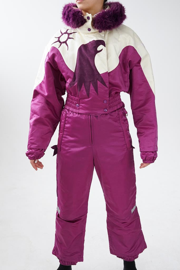 One piece Lundstrom Canada vintage ski suit, purple and white snow suit for women size S