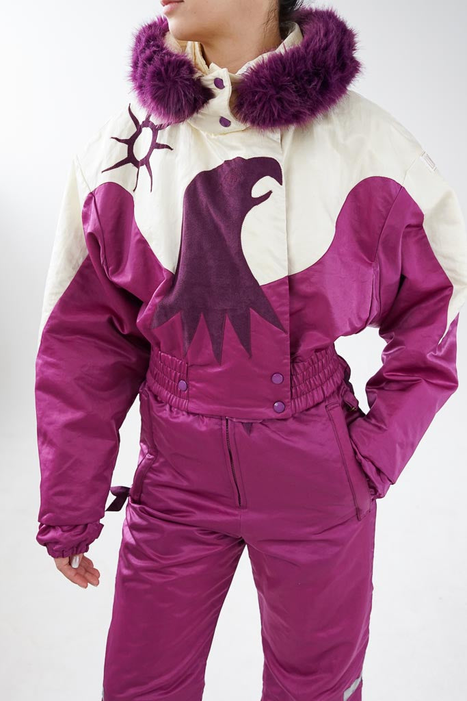 One piece Lundstrom Canada vintage ski suit, purple and white snow suit for women size S