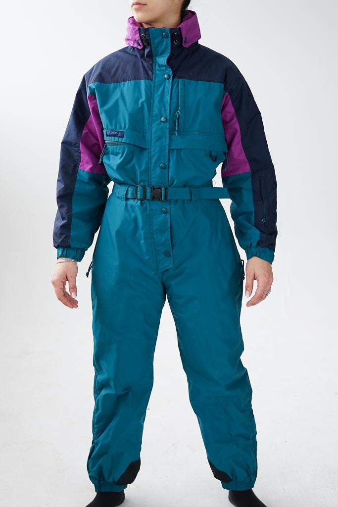 Columbia 90s vintage ski suit, teal and purple snow suit unisex size 16yo (S)