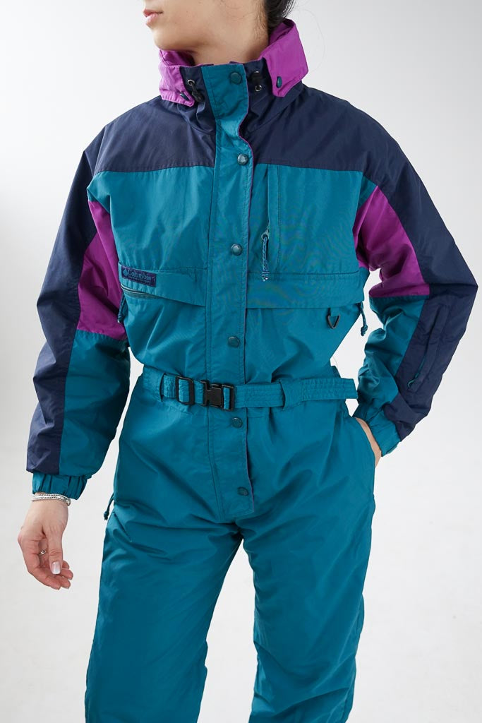 Columbia 90s vintage ski suit, teal and purple snow suit unisex size 16yo (S)