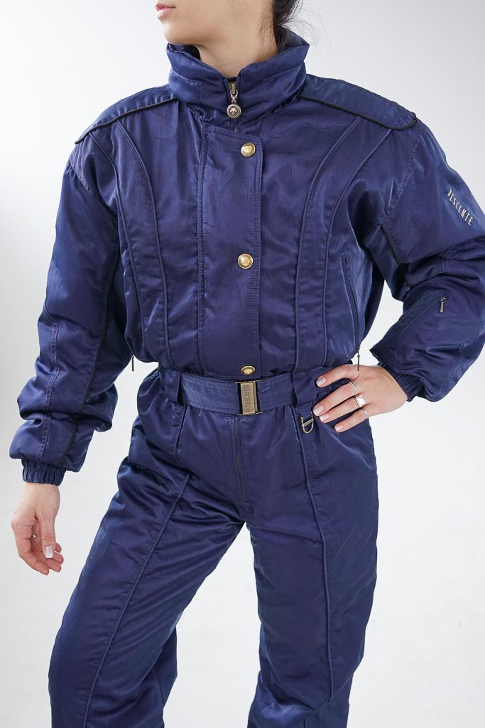 Retro 80s Descente one piece ski suit, blue/purple satin snow suit for women size 14 (M)