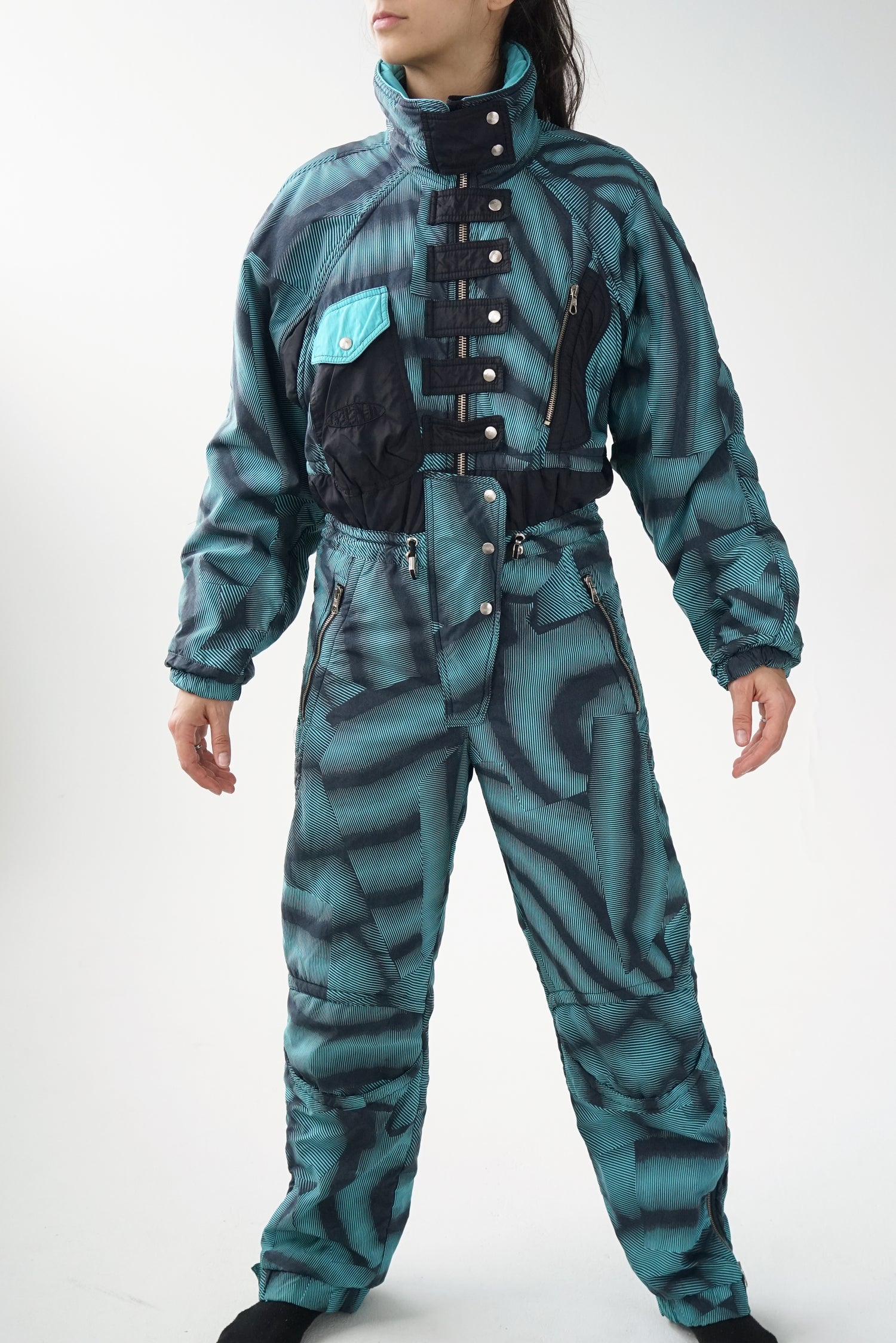One piece Belfe ski suit, turquoise snow suit made in Italy size M