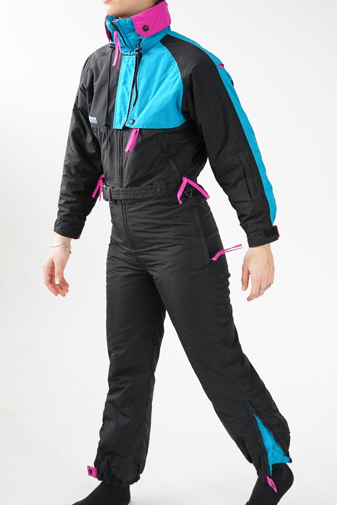 One piece Columbia vintage 90s ski suit, teal, magenta and black snow suit for women size XS-S