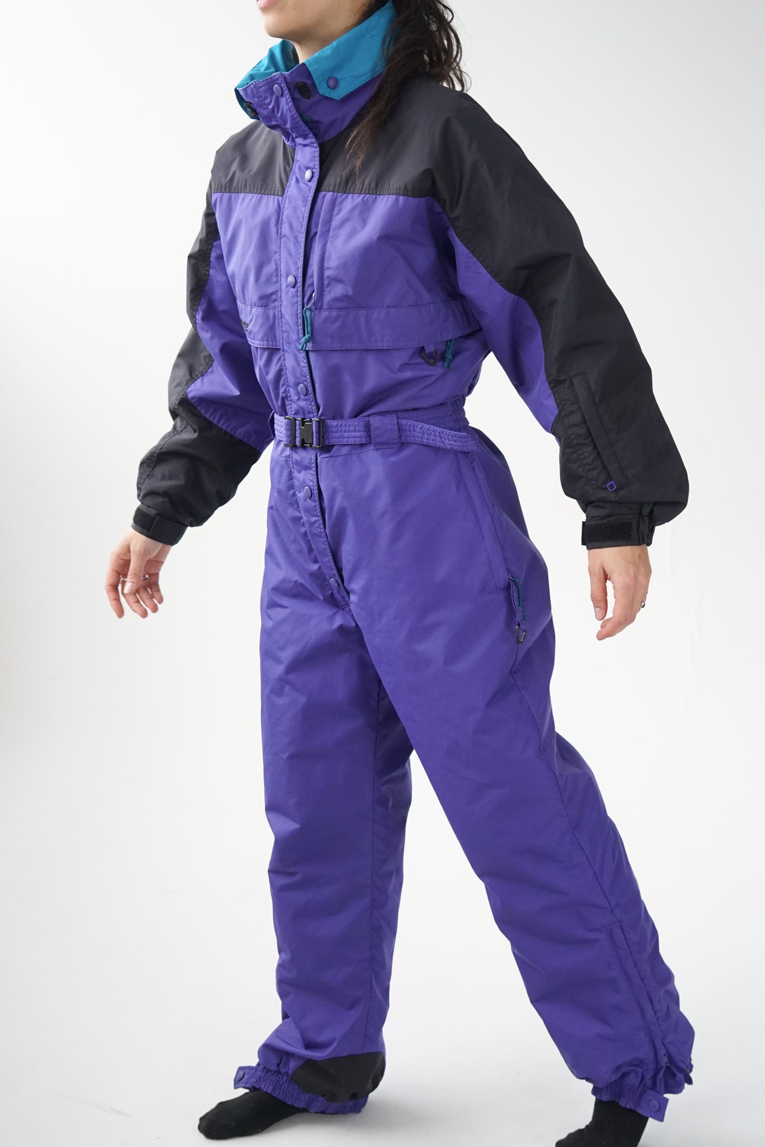 One piece 90s Columbia ski suit, purple and black snow suit for women size L