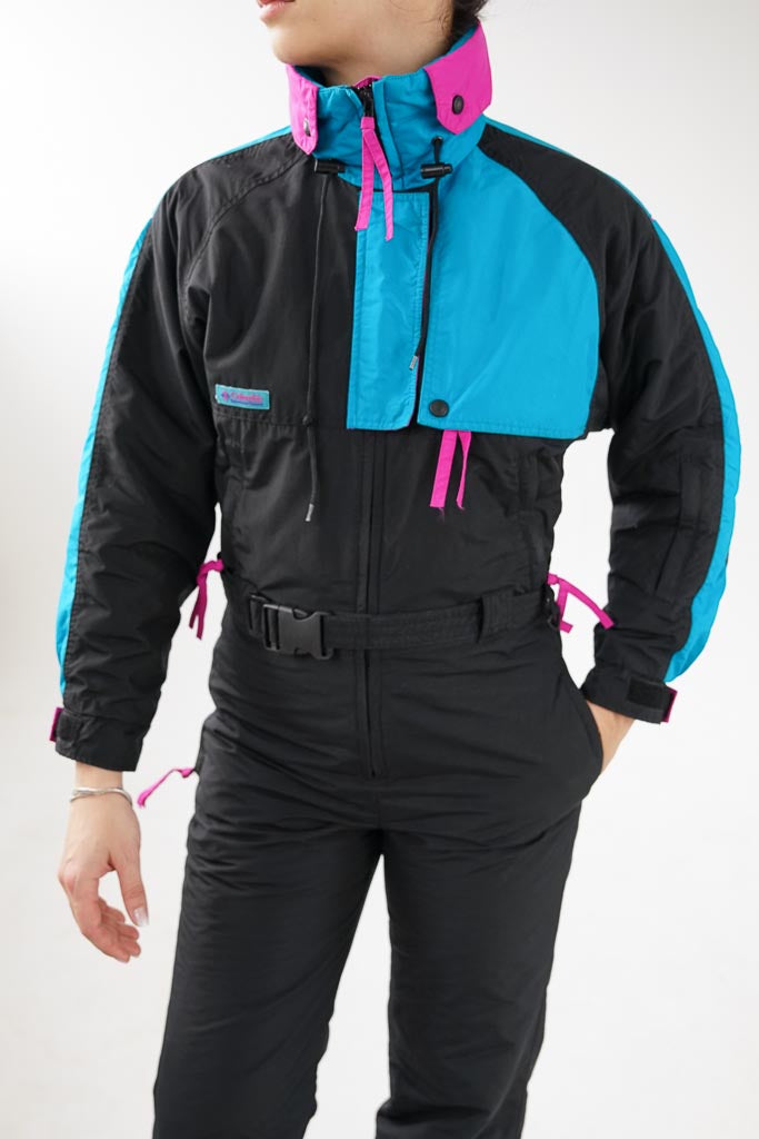 One piece Columbia vintage 90s ski suit, teal, magenta and black snow suit for women size XS-S