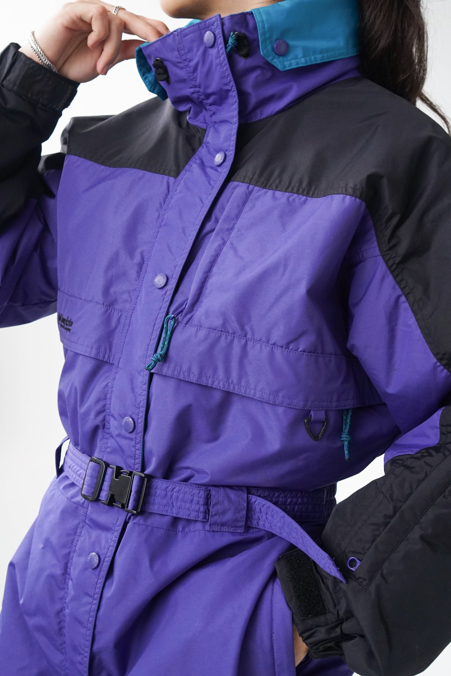 One piece 90s Columbia ski suit, purple and black snow suit for women size L