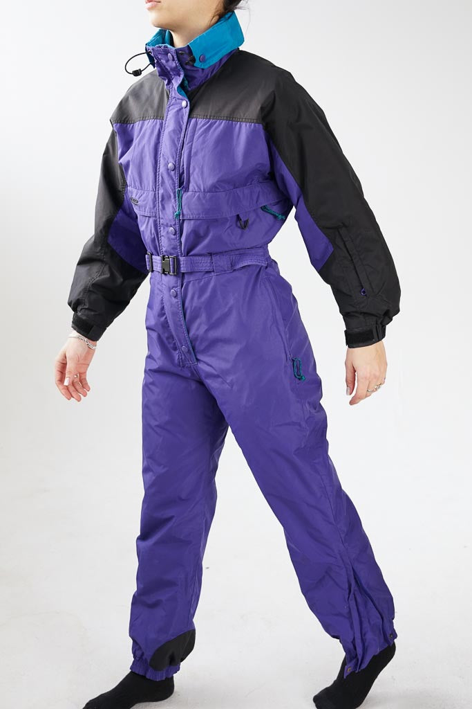 One piece Columbia vintage 90s ski suit, teal, purple and black snow suit for women size M