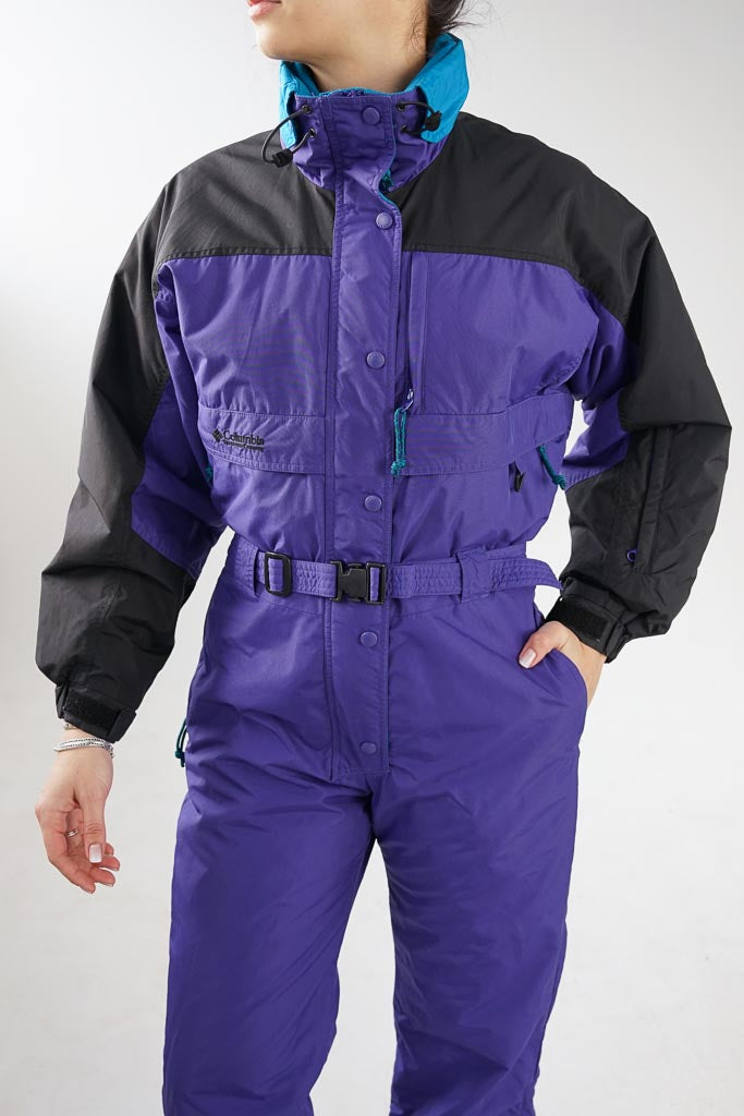 One piece Columbia vintage 90s ski suit, teal, purple and black snow suit for women size M