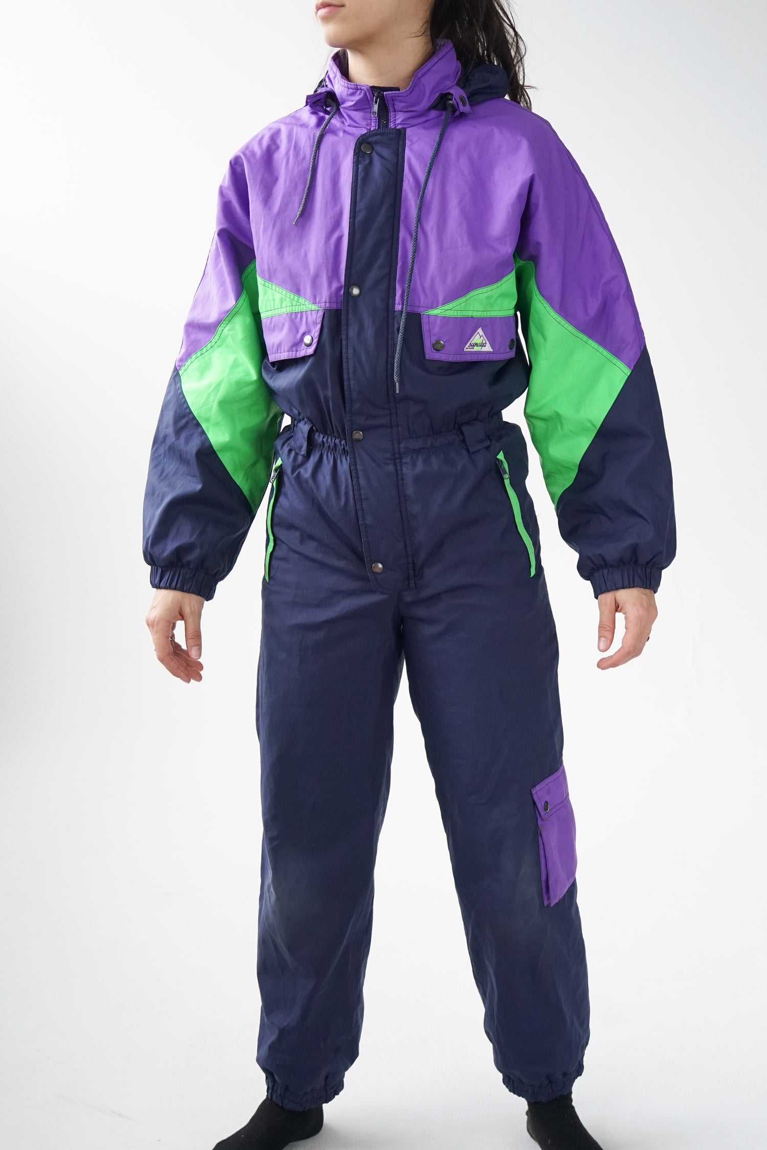 One piece retro Sun Alps ski suit, snow suit mauve et vert fluo pour enfant taille 16 ans (XS femme) usé*