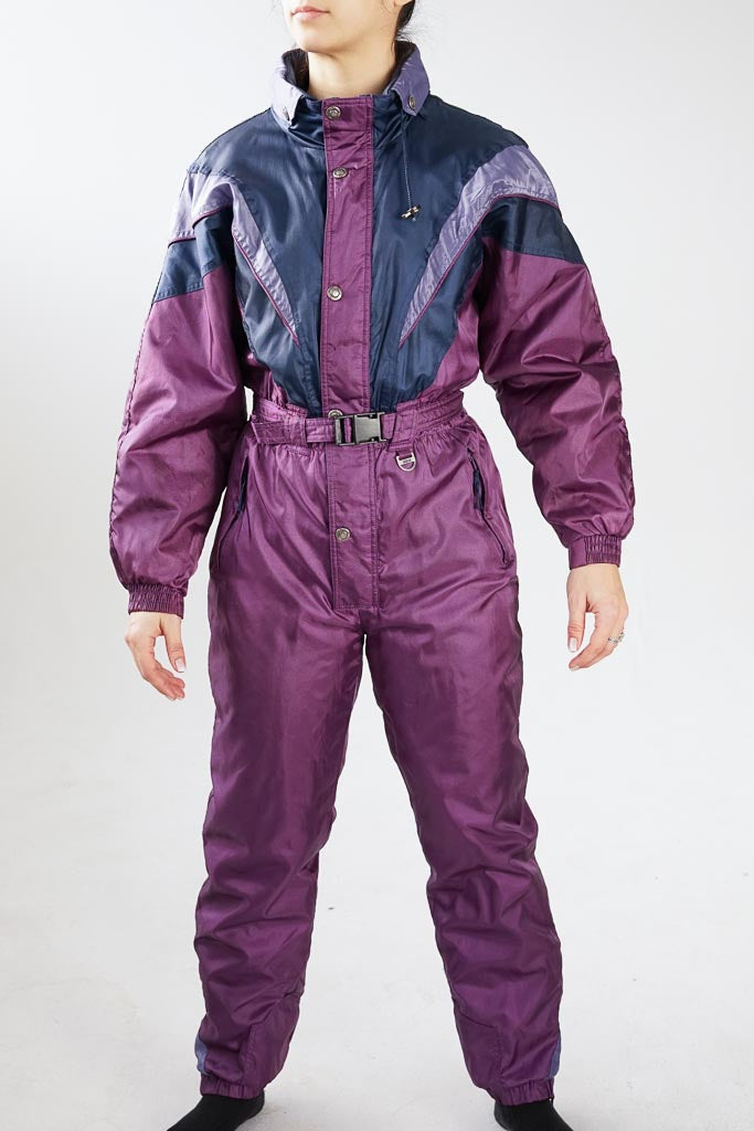 Etirel vintage one piece ski suit, metallic purples snow suit for kids size 16yo (women tall S)