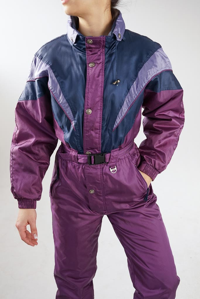 Etirel vintage one piece ski suit, metallic purples snow suit for kids size 16yo (women tall S)