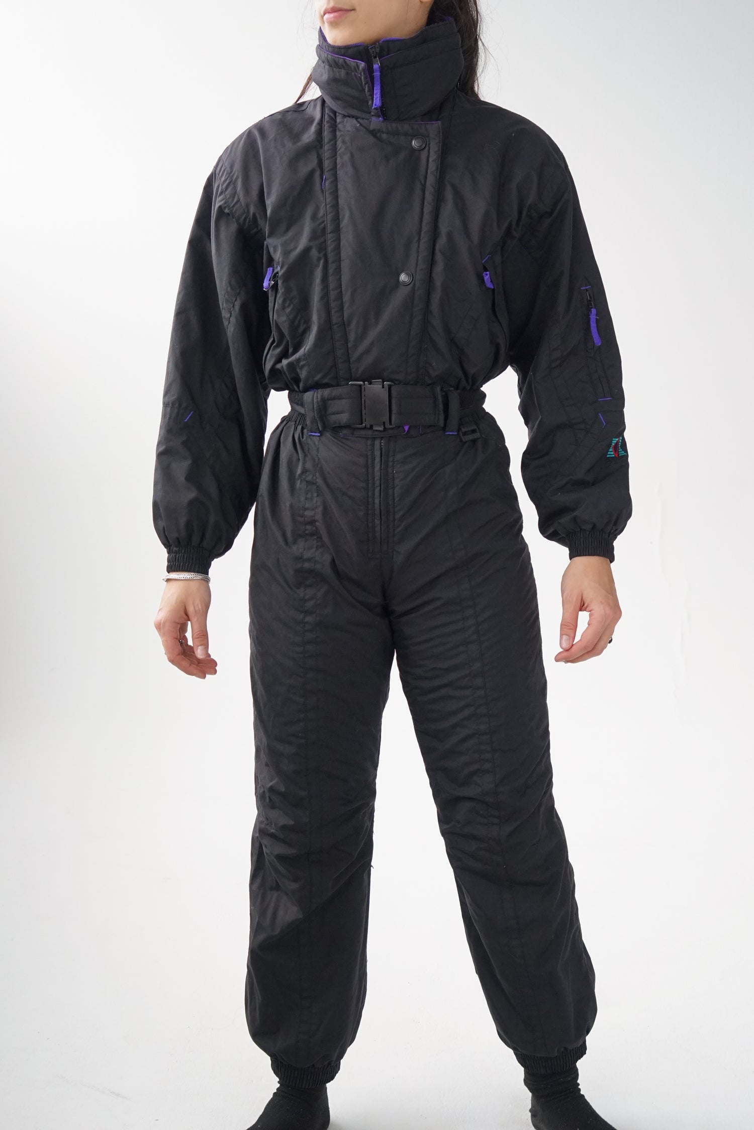 One piece Edelweiss vintage ski suit, black snow suit for women size 6 (XS-S)