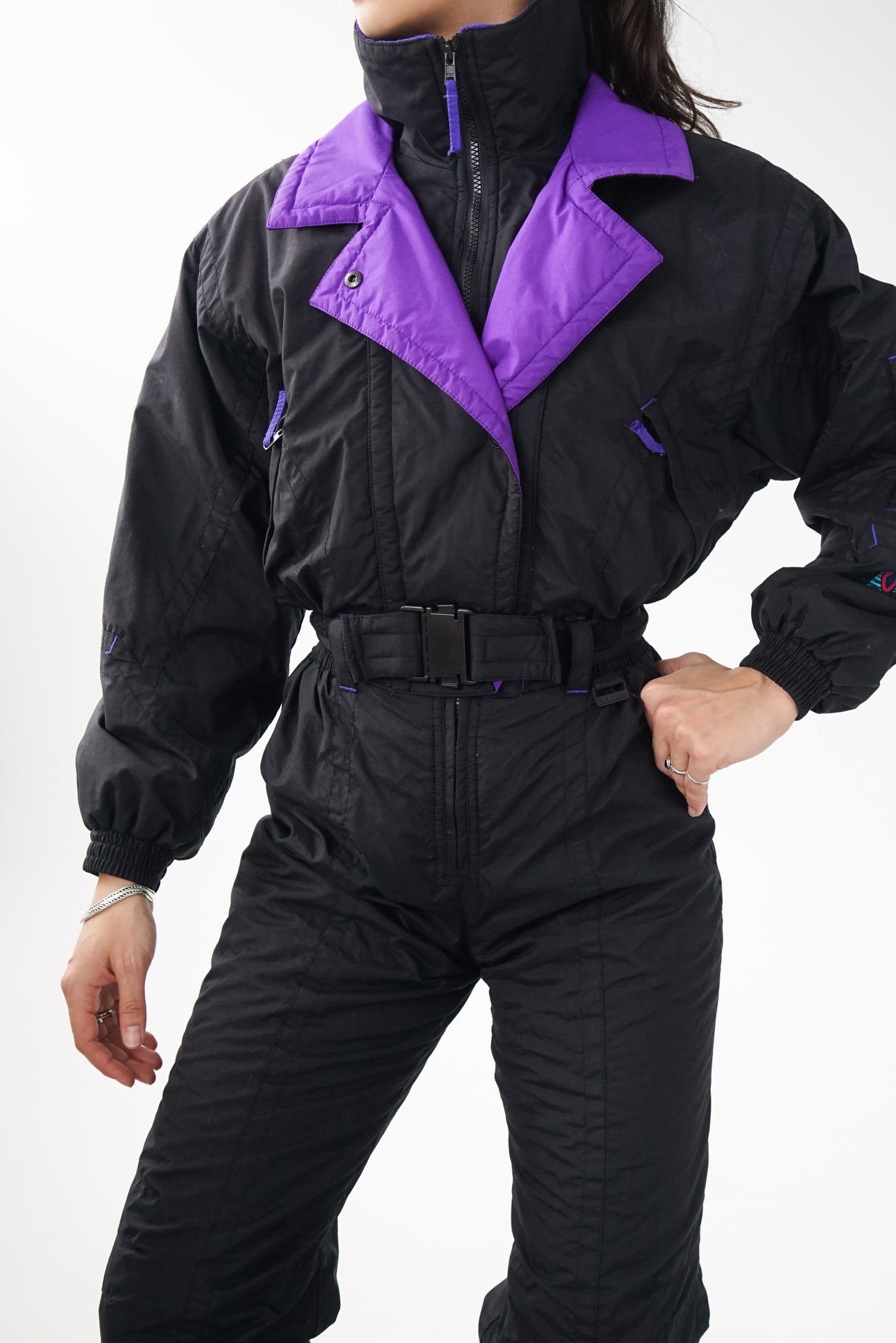 One piece Edelweiss vintage ski suit, black snow suit for women size 6 (XS-S)