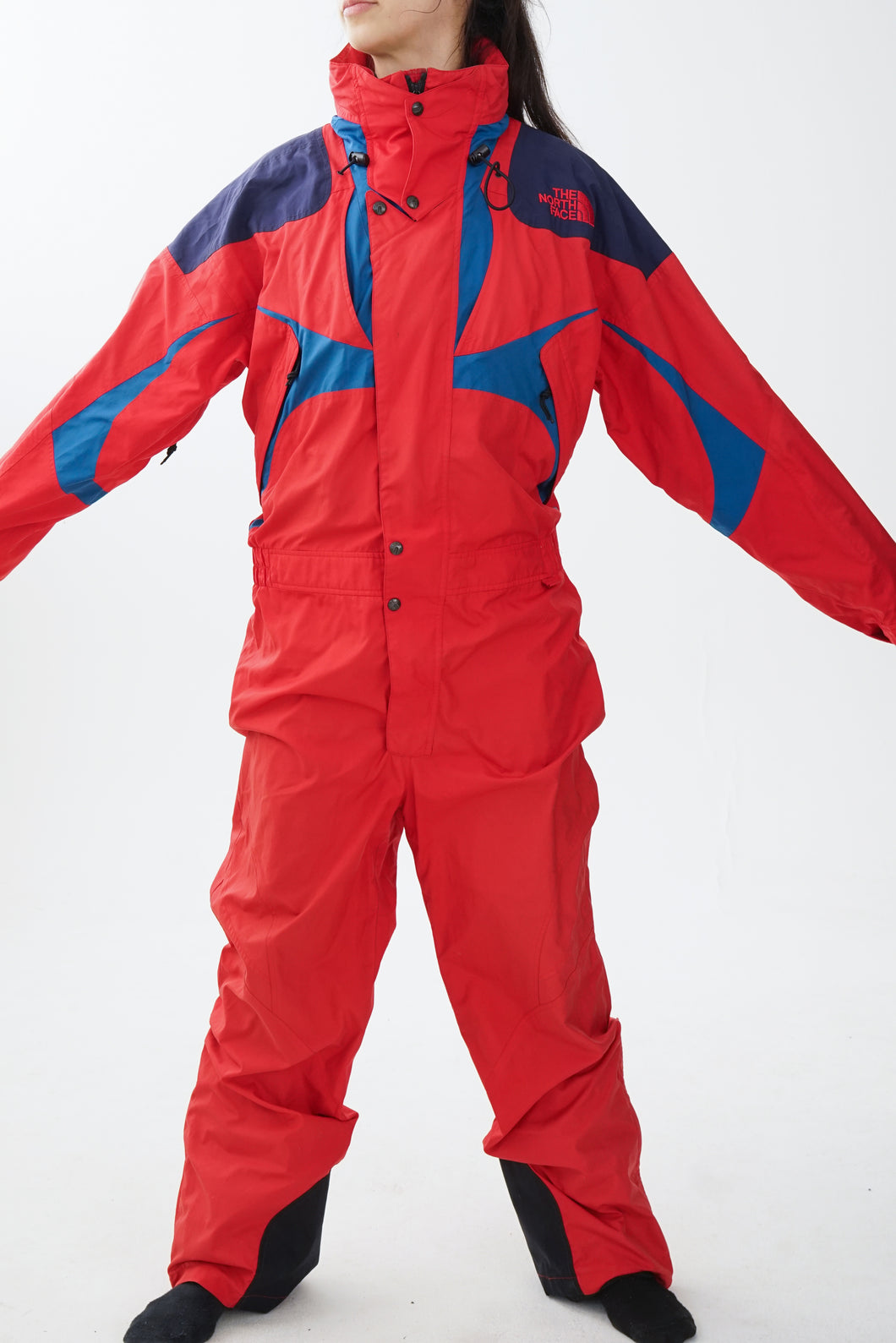 One piece North Face ski suit hardshell, snow suit rouge et bleu pour homme taille M