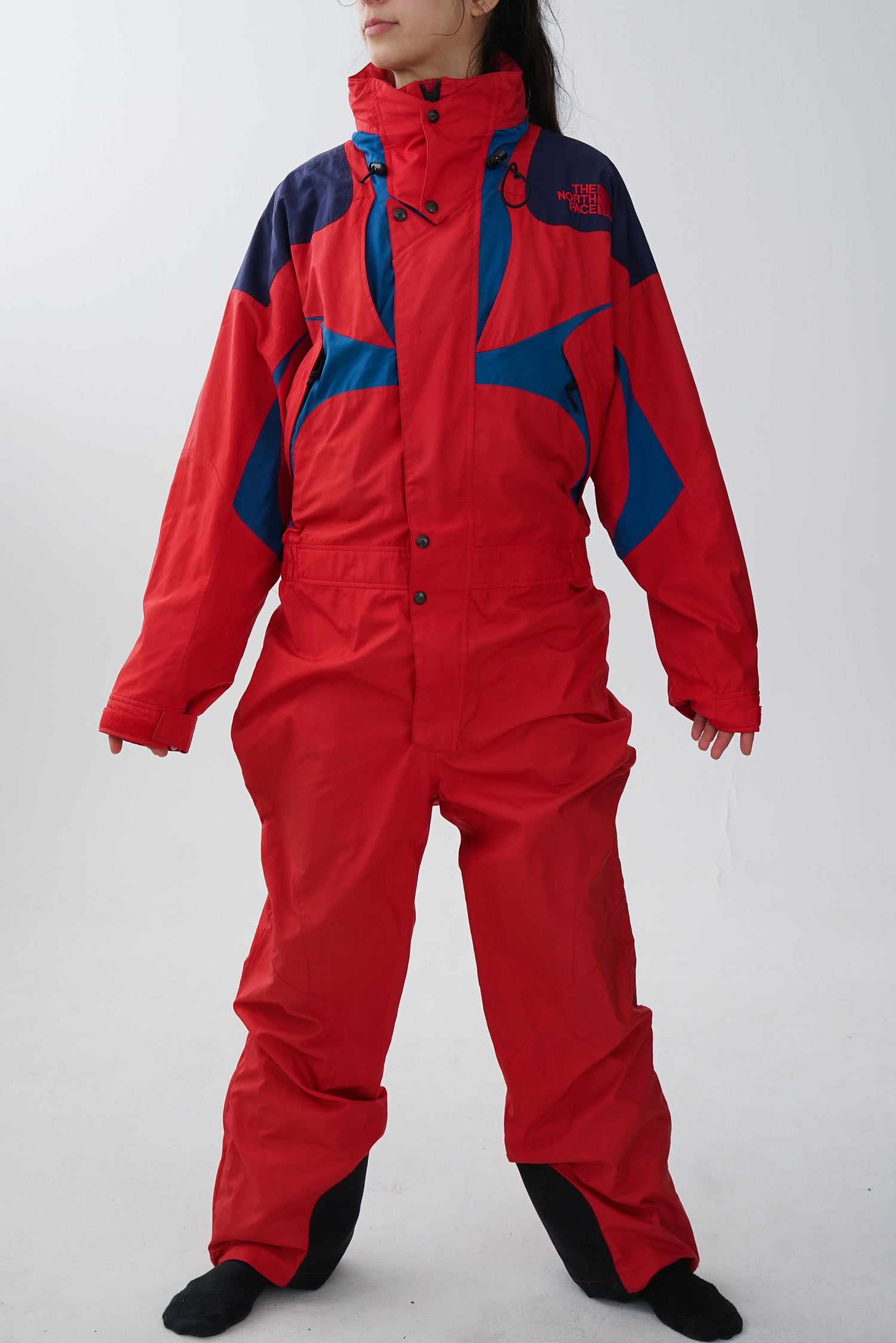 One piece North Face ski suit hardshell, snow suit rouge et bleu pour homme taille M