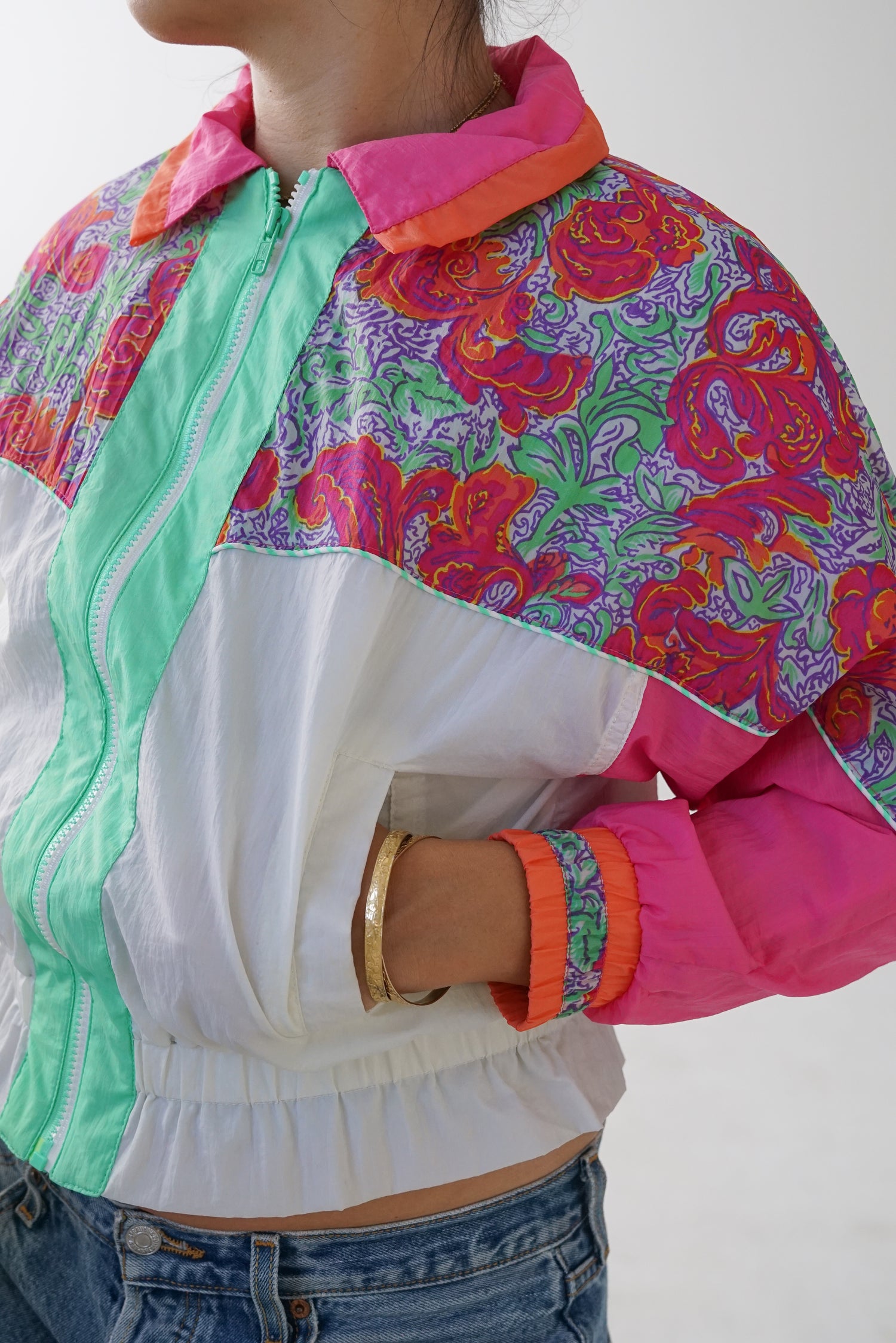 Jacket vintage 80s windbreaker rose fluo kids size 14ans (XS femme)