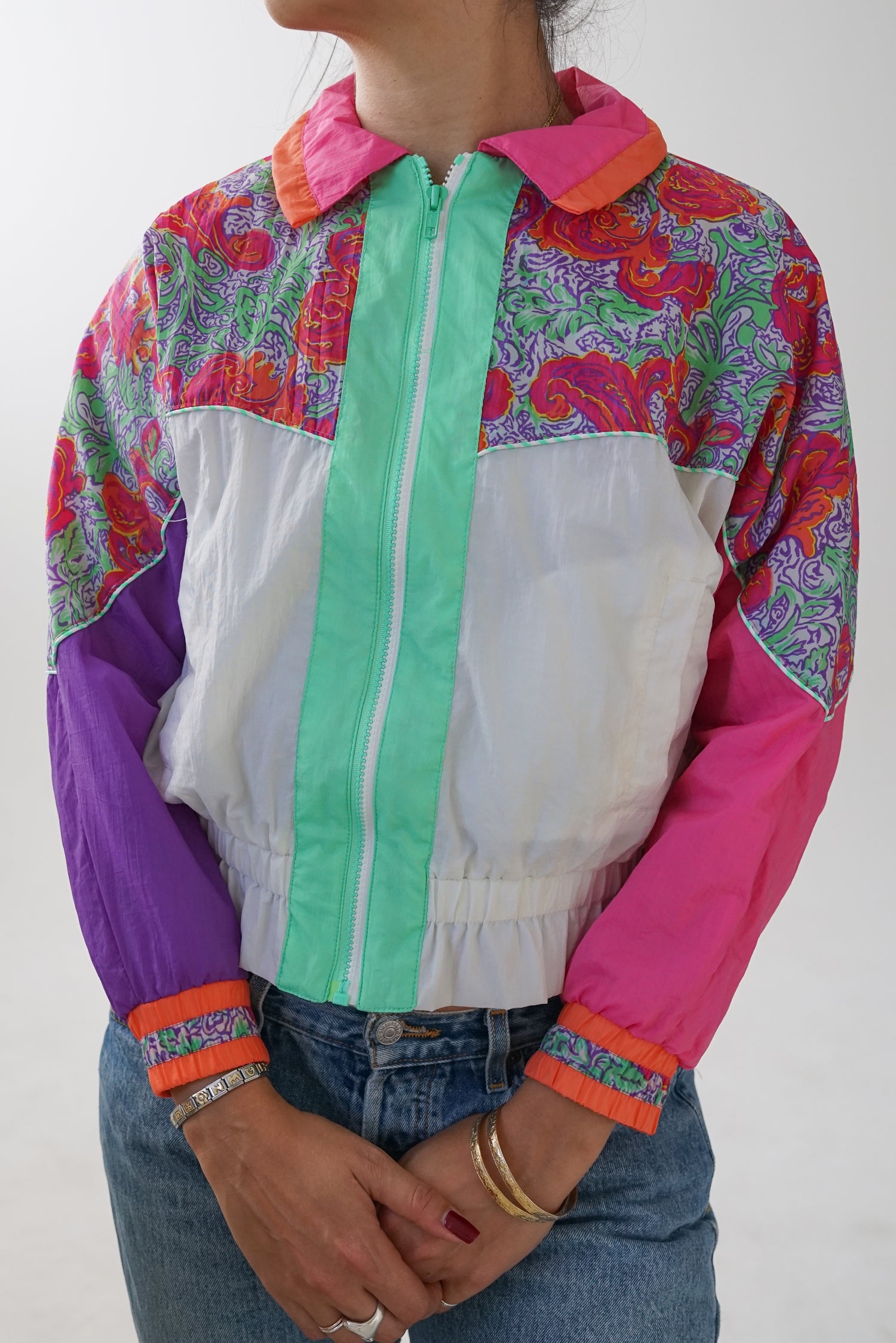 Jacket vintage 80s windbreaker rose fluo kids size 14ans (XS femme)