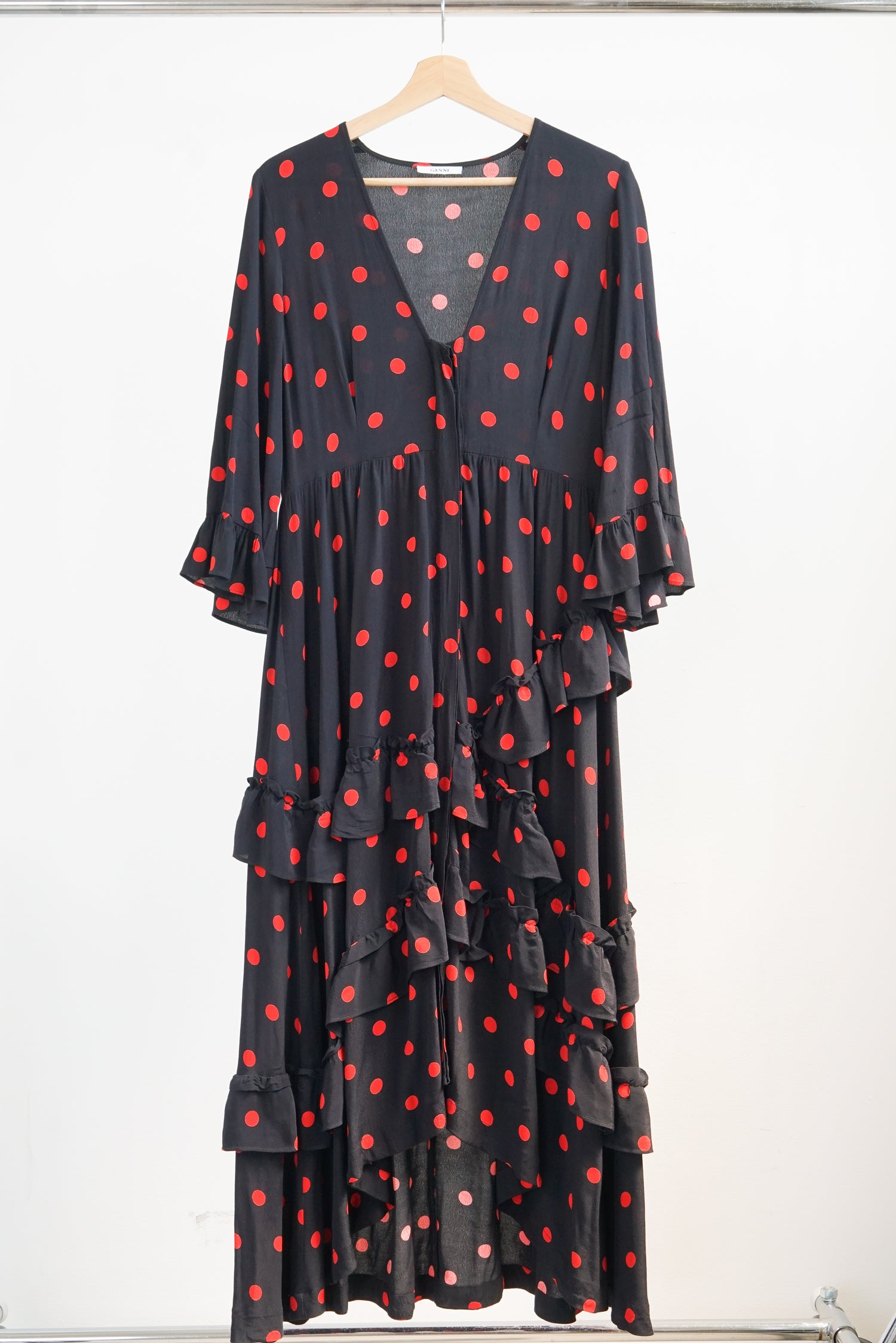 GANNI Barra Crepe Polkadot V neck ruffle dress size L