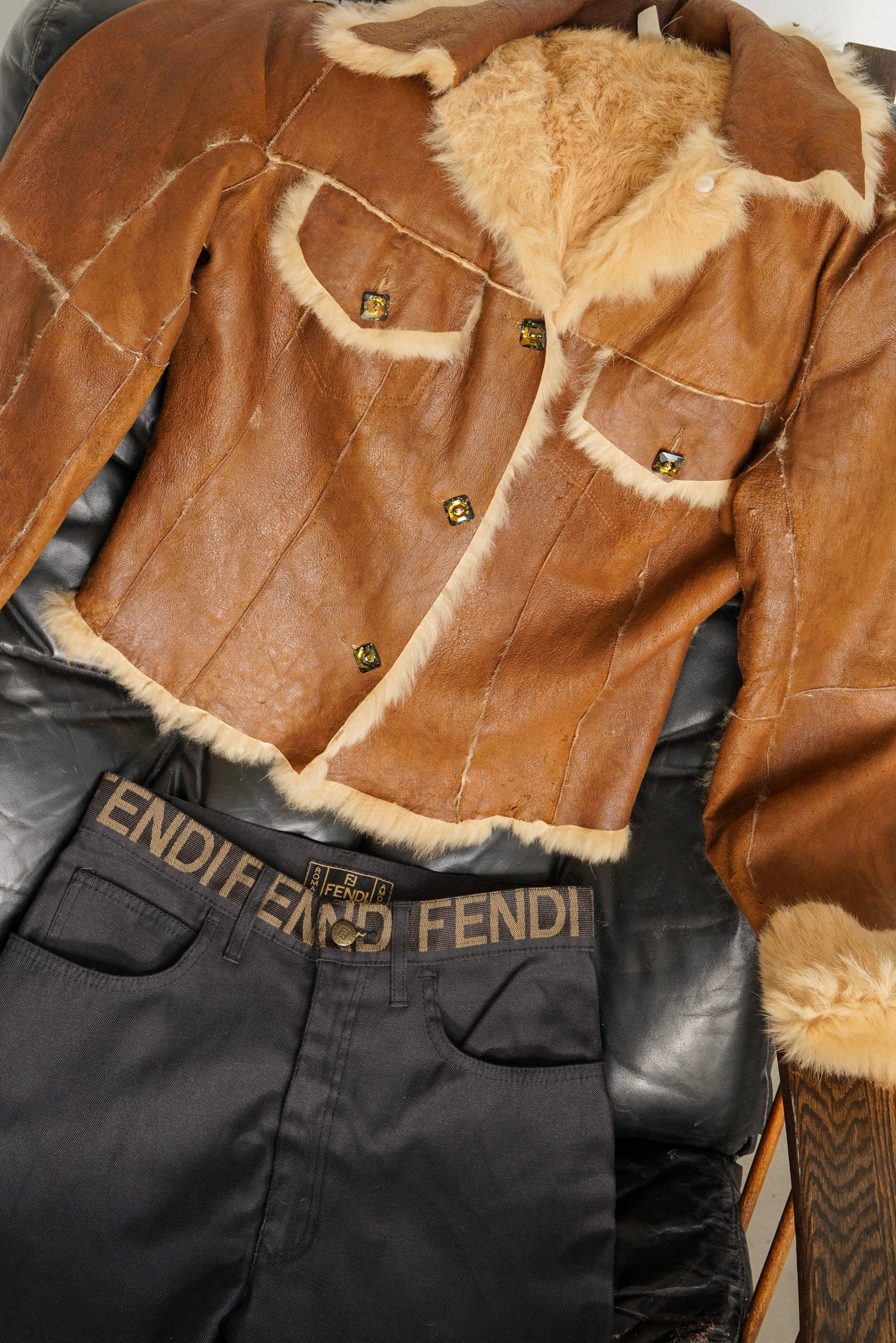 Caché Rabbit leather jacket, fur lined and crystal buttons M