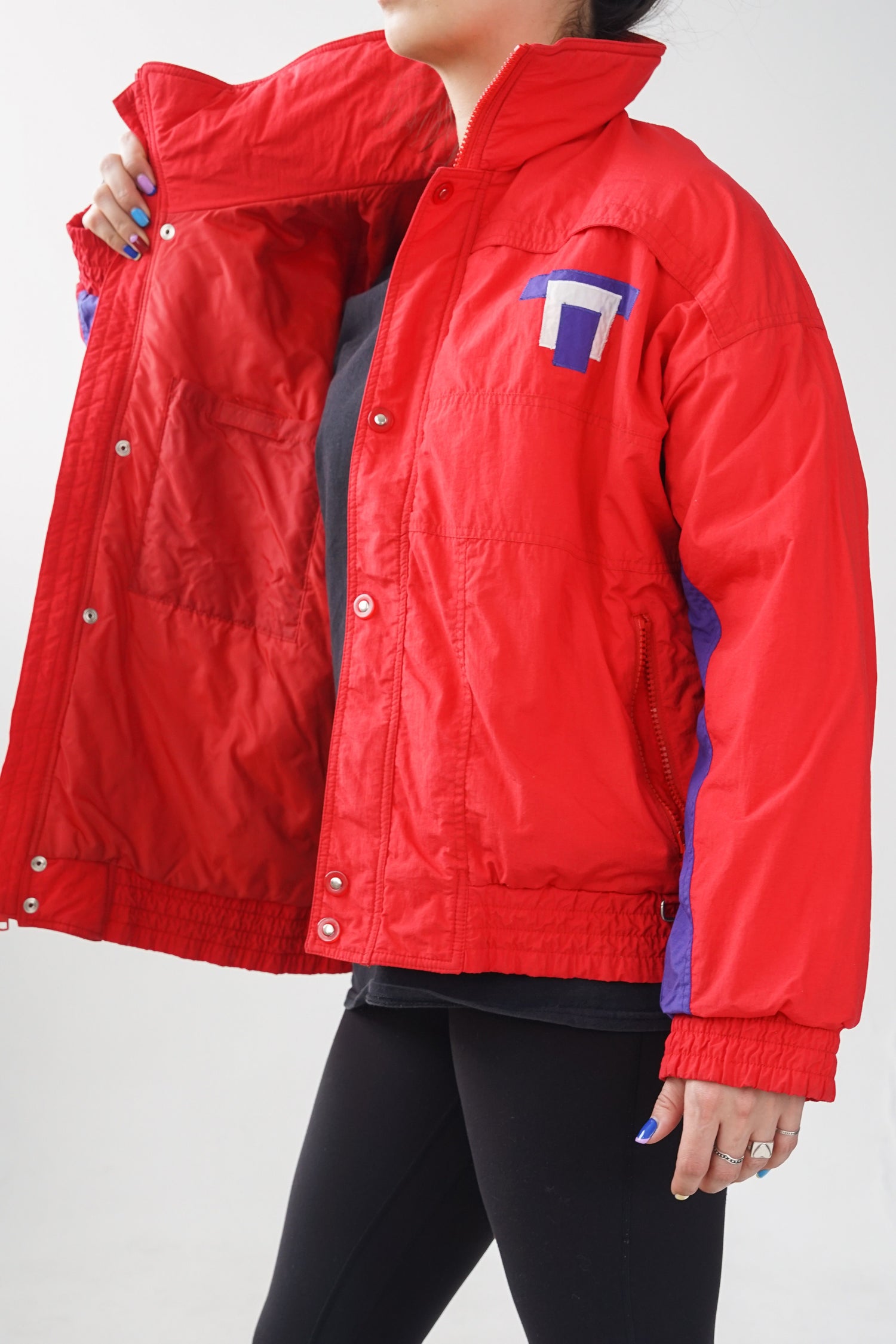 Manteau rétro après ski avec motifs, red vintage jacket pour homme taille L