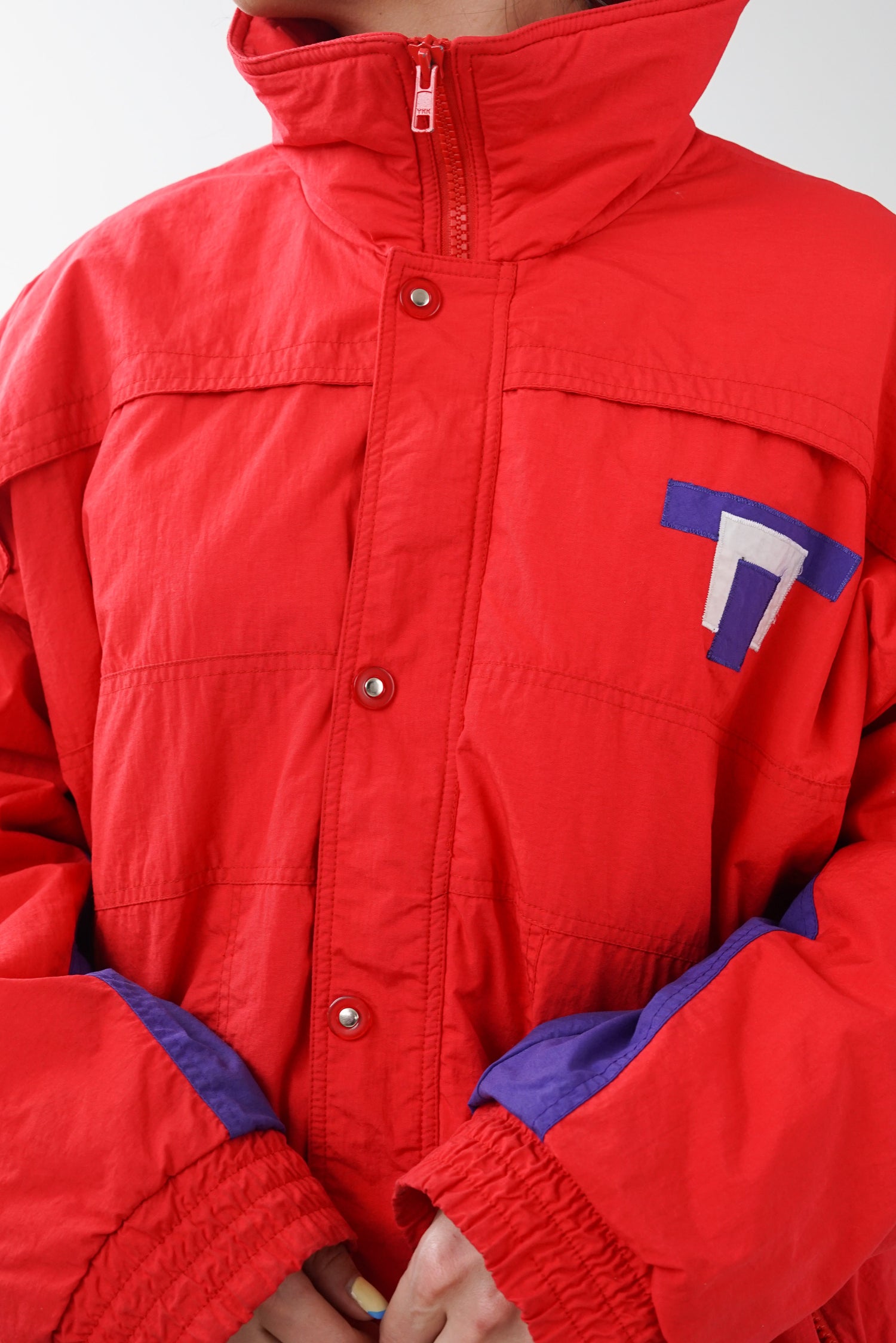 Manteau rétro après ski avec motifs, red vintage jacket pour homme taille L