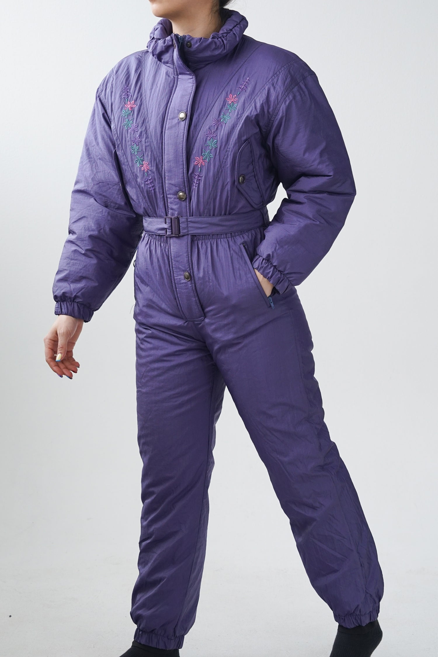 Habit de ski vintage 90s Nevada, one piece mauve métallique pour femme taille M petite