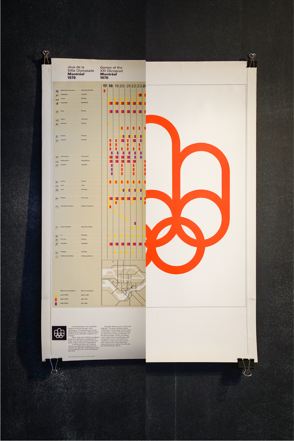 Original 1976 poster of the Montreal Olympic Games, White Logo & Timetable, double-sided (Large format)